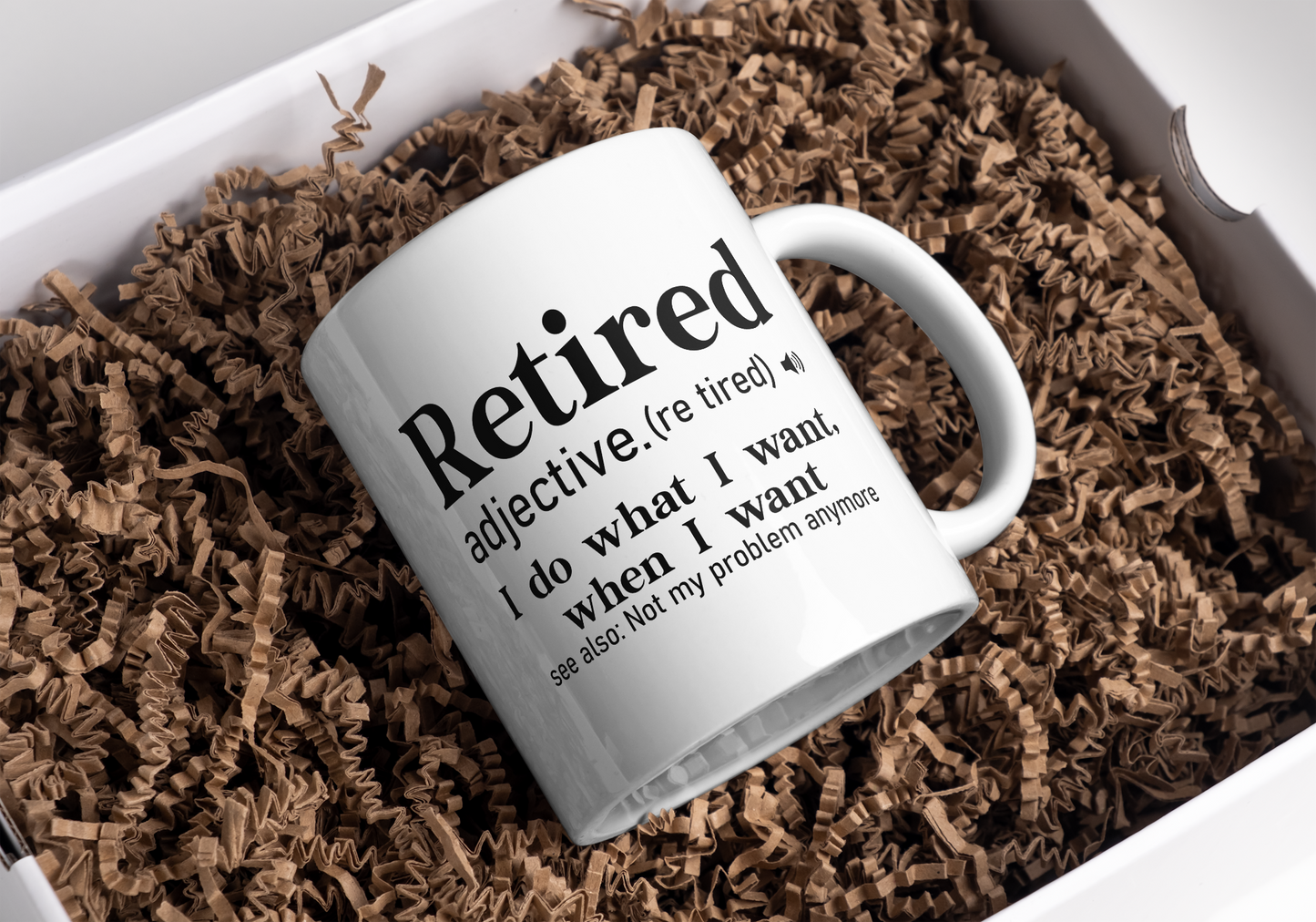 Retired mug (adjective)