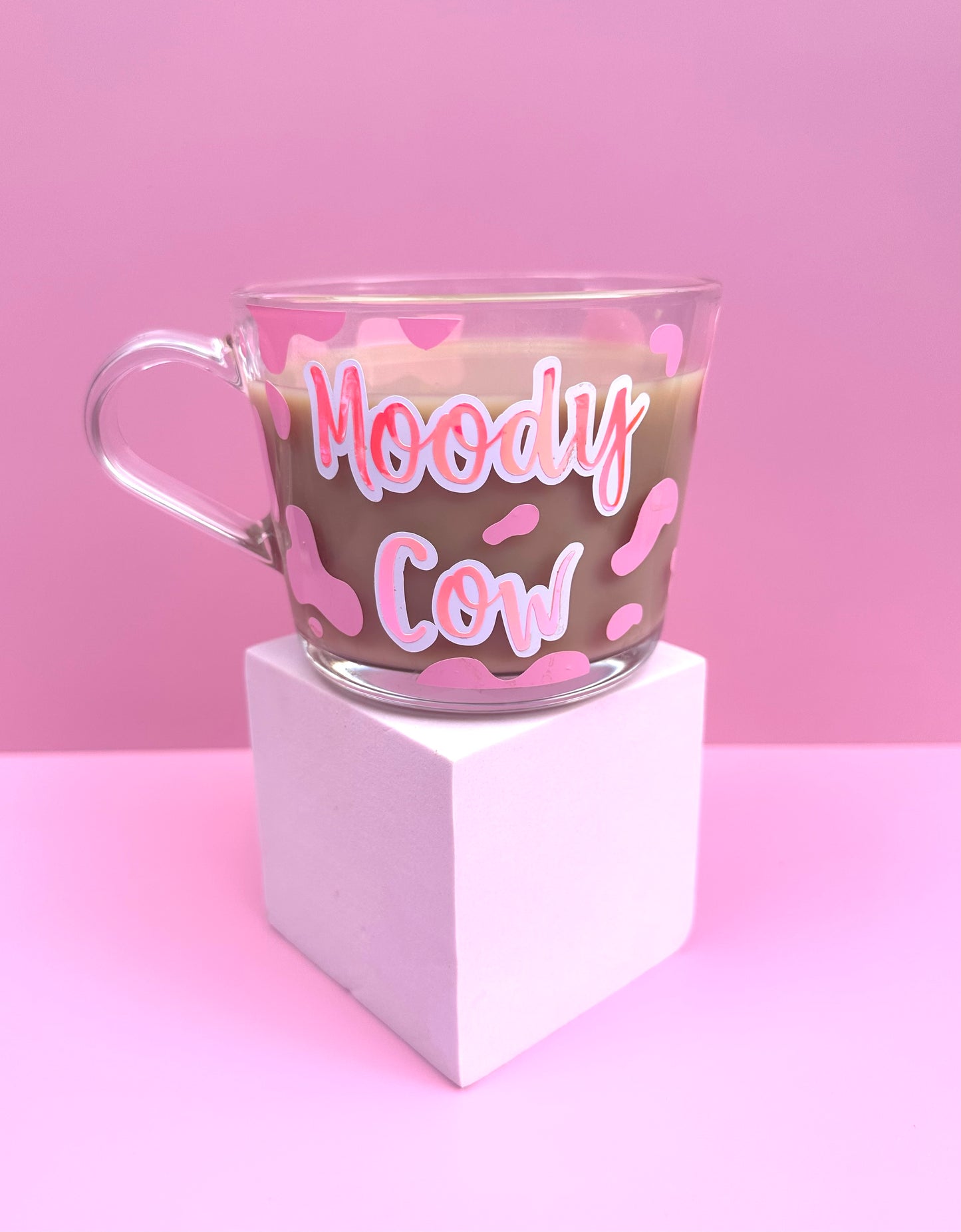 Moody cow glass mug